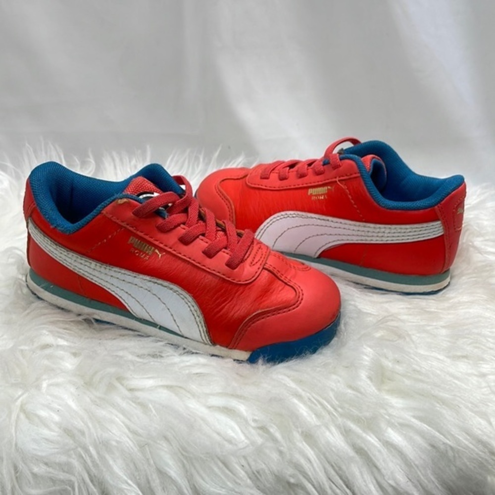 Puma Toddler Kids, Orange, White and Blue, Elastic Lace Sneakers, size 10